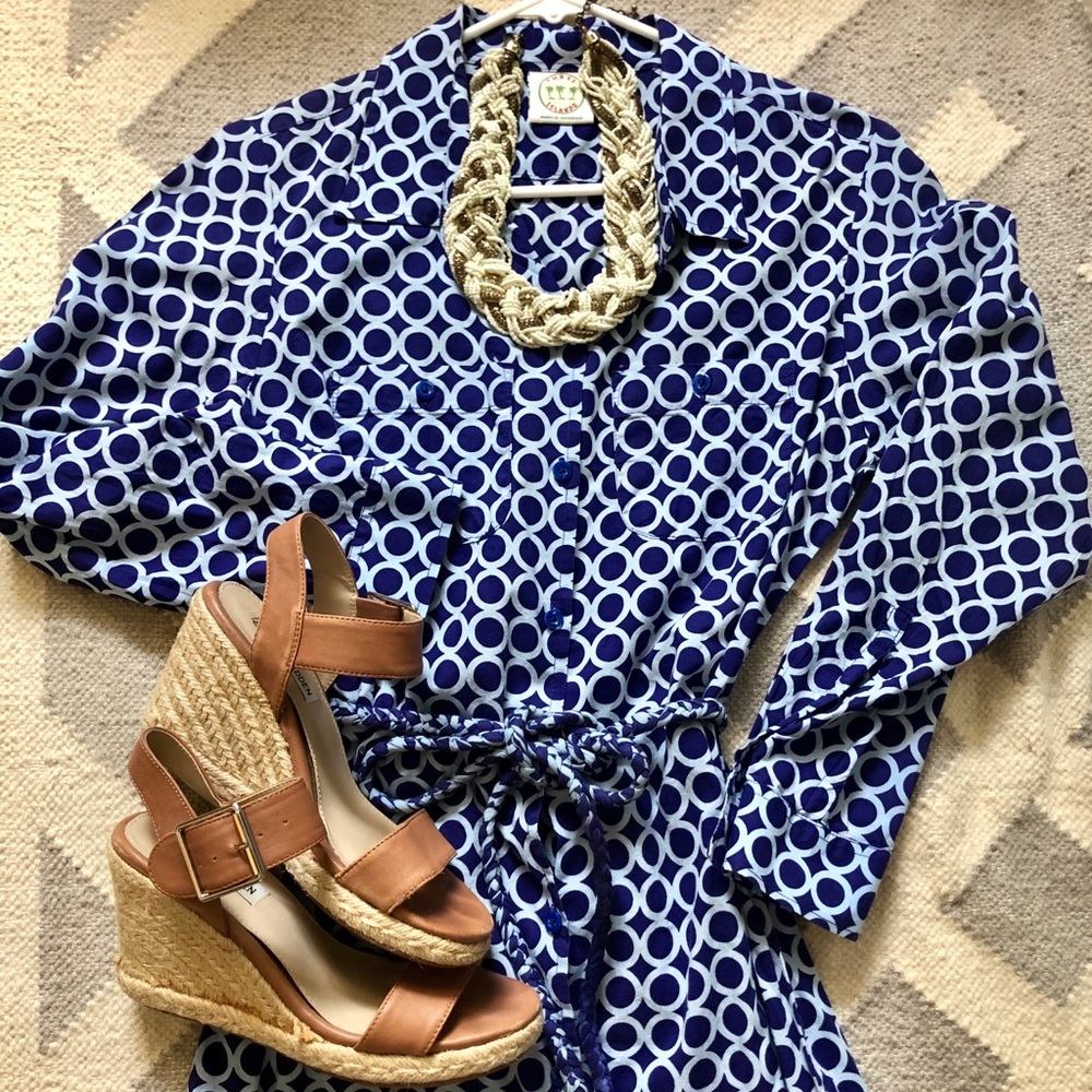 Three Islands Blue Geometric Shirtwaist Dress S